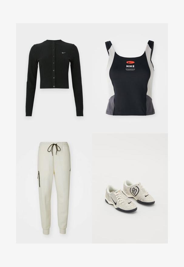 Musta ribbineulottu pitkähihaisen neuletakki, jossa on lyhyt malli, edessä napit ja pieni valkoinen Nike-logo vasemmalla puolella.; Mustat ja harmaat urheilupaidat, joissa on pyöreä kaula-aukko, kapeat olkaimet ja etupuolella keskellä oranssi Nike-logo.; Valkoiset jogger-housut, joissa on joustava vyötärö, säädettävä nauha, sivutaskut ja vetoketjullinen tasku vasemmassa reidessä.; Nike lenkkarit, joissa on beigen ja harmaan sävyinen teksturoitu päällinen, mustia yksityiskohtia, suuri "90" logo ja valkoinen nauhakiinnitys. Musta pohja.