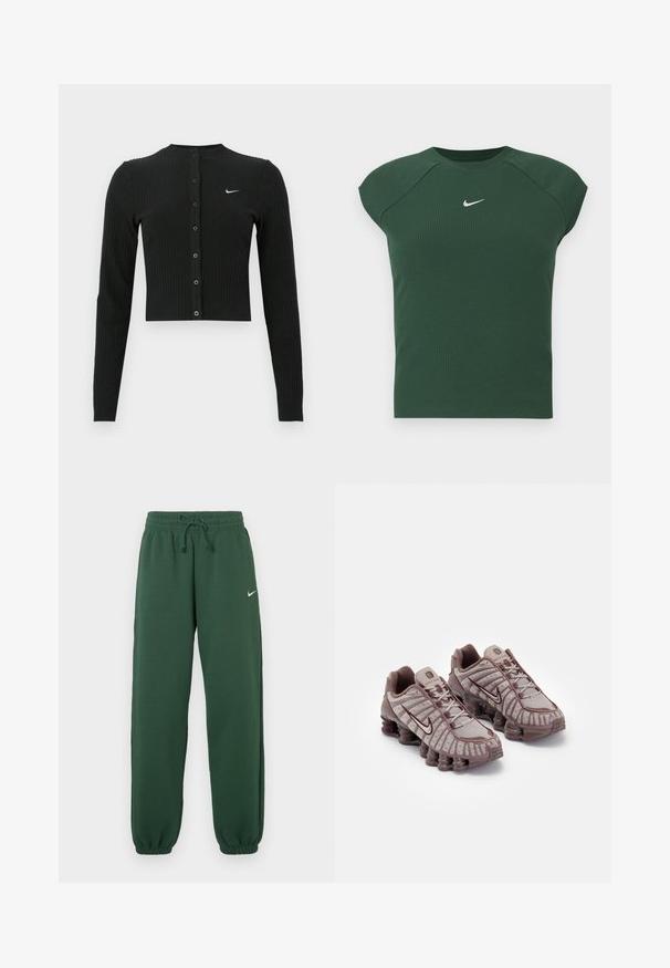 Sort ribbet cardigan med lange ærmer, cropped design, knapper foran og et lille hvidt Nike-logo på venstre side.; Mørkegrøn ribbet kortærmet atletisk top med rund hals, der har et lille hvidt Nike swoosh-logo på brystet.; Mørkegrønne joggingbukser lavet af blødt stof med elastisk linning og snøre samt smalle manchetter. Lille hvidt logo foran.; Nike Sportswear SHOX TL - Sneakers - pumice/night maroon/plum eclipse