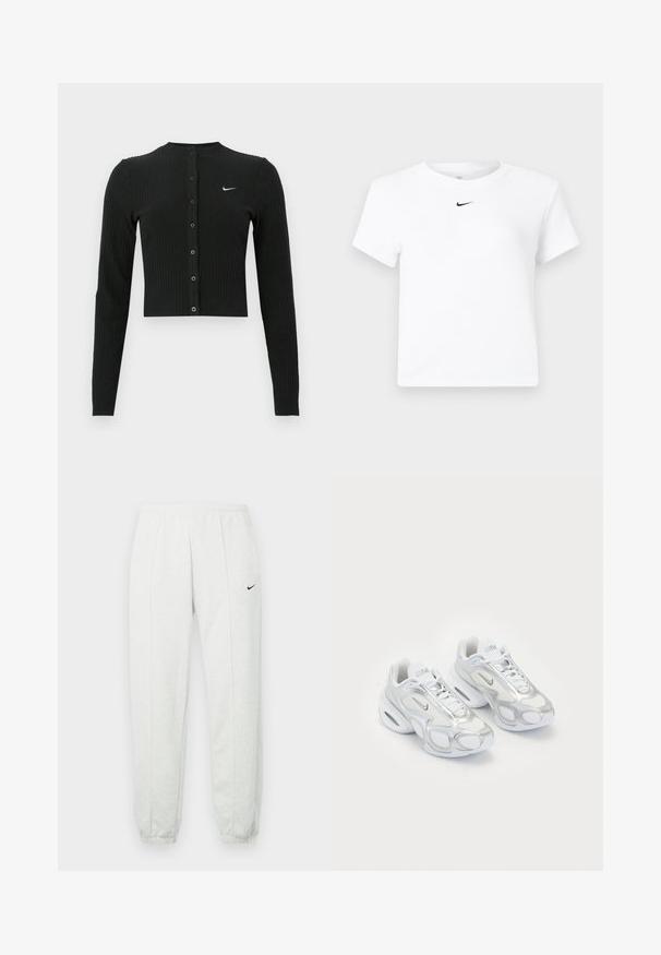 Cárdigan negro de manga larga con tejido acanalado, diseño corto, botones delanteros y un pequeño logo blanco de Nike en el lado izquierdo.; Camiseta corta de manga corta blanca de Nike con un pequeño logo negro de Nike Swoosh centrado justo debajo del escote.; Pantalones deportivos Nike de color gris claro con una cintura elástica, puños ajustados y un pequeño logo negro en el muslo izquierdo. Tela suave y texturizada.; Zapatillas deportivas blancas con parte superior de malla y acentos plateados, una forma única y amortiguación de aire en el talón. Diseño con cordones y logotipo.