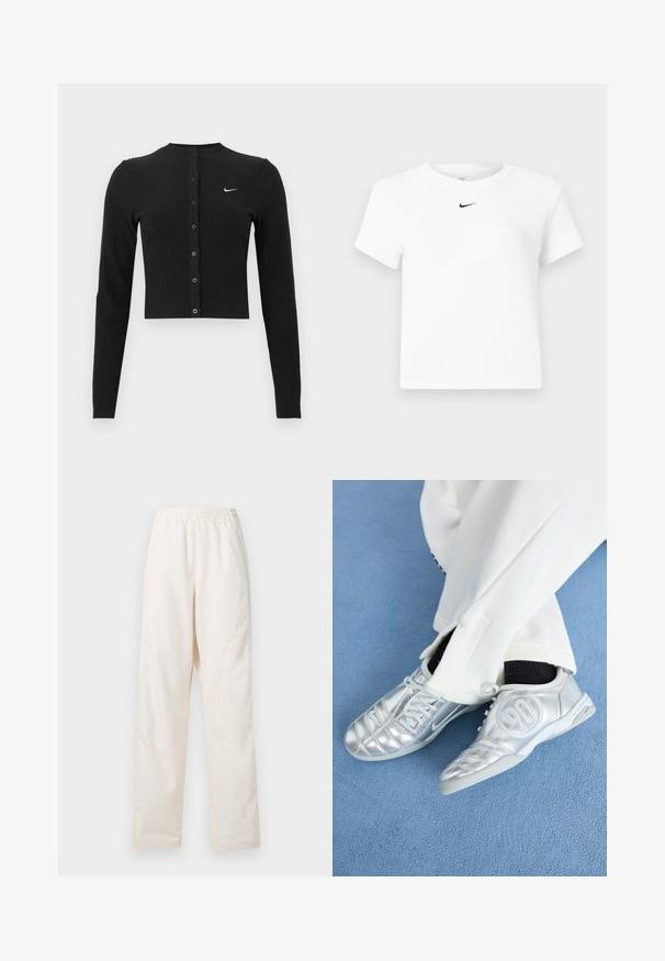 Zwarte geribbelde cardigan met lange mouwen, een cropped ontwerp, knopen aan de voorkant en een klein wit Nike-logo aan de linkerkant.; Witte Nike cropped T-shirt met korte mouwen en een kleine zwarte Nike swoosh-logo, gecentreerd onder de halslijn.; Loszittende, crèmekleurige broek met elastische taille en een rechte pijp, weergegeven tegen een effen witte achtergrond.; Zilveren sportschoenen met een gladde, glanzende afwerking, voorzien van een gestikt ontwerp en het nummer 90 aan de zijkant, gecombineerd met witte broek.