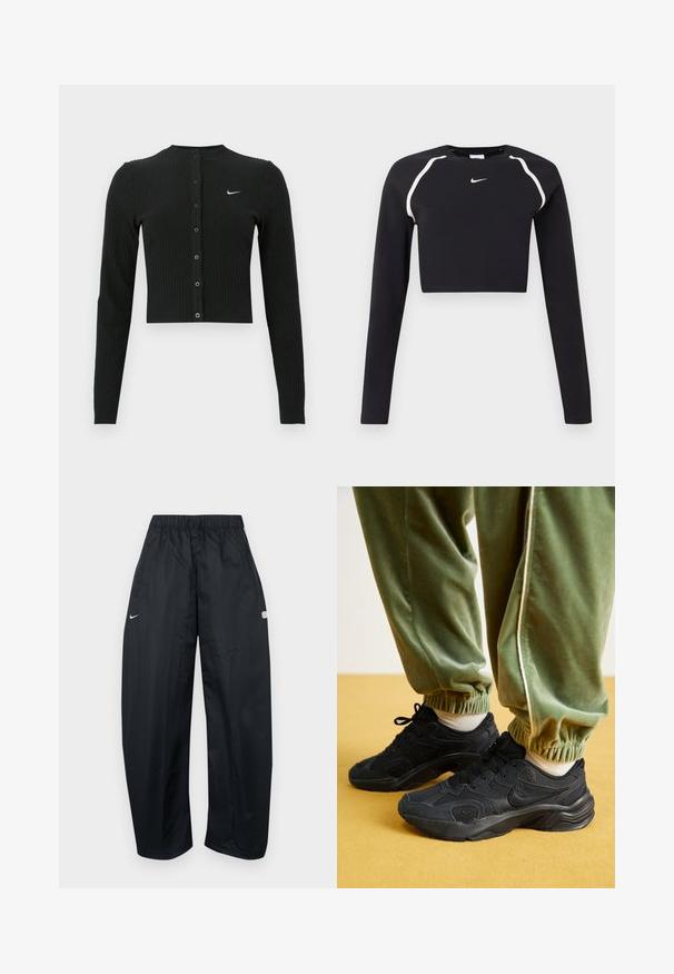 Cardigan noir côtelé à manches longues avec une coupe courte, des boutons sur le devant et un petit logo Nike blanc sur le côté gauche.; Haut de sport cropped à manches longues noir avec des bandes blanches incurvées sur les épaules et un petit logo Nike swoosh blanc au centre de la poitrine.; Pantalon de sport ample noir en matière légère. Comprend une taille élastique, un cordon de serrage ajustable et des accents de logo.; Baskets de sport noires avec des empiècements en mesh et en synthétique, semelle texturée, associées à un pantalon de jogging vert avec des poignets élastiques, sur une surface jaune.