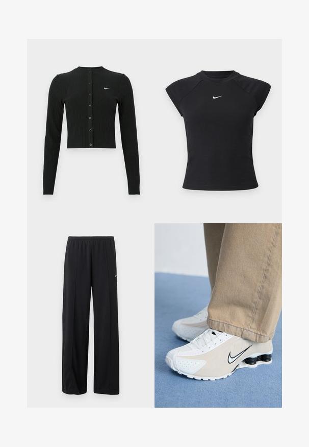Sort ribbet cardigan med lange ærmer, cropped design, knapper foran og et lille hvidt Nike-logo på venstre side.; Sort top med korte ærmer i ribbet tekstur, med rund halsudskæring og lille hvid Nike-logo på brystet.; Sorte Nike løse træningsbukser med elastisk talje og diskret hvid swoosh-logo på venstre lår.; Hvide og beige Nike sneakers med perforeret design, sort swoosh-logo, tekstureret overdel og en karakteristisk fjederlignende sort hæl.
