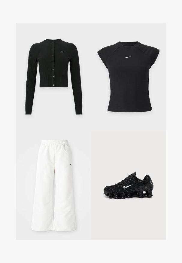 Sort ribbet cardigan med lange ærmer, cropped design, knapper foran og et lille hvidt Nike-logo på venstre side.; Sort top med korte ærmer i ribbet tekstur, med rund halsudskæring og lille hvid Nike-logo på brystet.; Hvide atletiske bukser med et bredbenet design, elastisk talje og et lille sort Nike-logo på venstre side. Glat, let materiale.; Sort Nike sportssko med sølv Swoosh-logo, mesh og syntetisk overdel, og en karakteristisk segmenteret polstret sål.