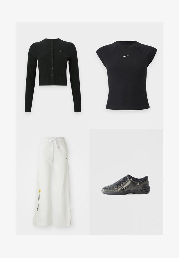 Čierny rebrovaný kardigán s dlhým rukávom, krátkym strihom, prednými gombíkmi a malým bielym logom Nike na ľavej strane.; Čierny top s krátkym rukávom so žíhanou textúrou, okrúhlym výstrihom a malým bielym logom Nike na hrudi.; Biele široké teplákové nohavice s elastickým pásom, šnúrkou, bočnými rozparkami, čiernym logom Nike a kontrastným žltým grafickým textom.; Čierne nízke tenisky Nike s šnúrkami, prešitými detailmi a textúrovanou podrážkou na jednoduchom bielom pozadí.