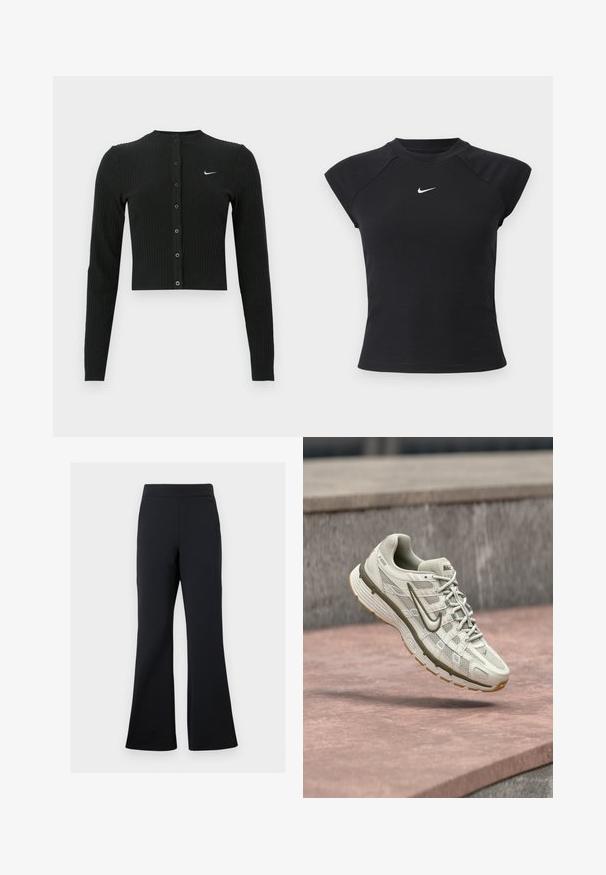 Must rippitud musta värvi pikad varrukad kardigan lühendatud lõikega, esiküljel nööbid ja vasakul pool väike valge Nike logo.; Must lühikeste varrukatega top soonilise tekstuuriga, varustatud ümmarguse kaelusega ja väikese valge Nike logoga rinnal.; Mustad laiad püksid pehmest kangast, millel on elastne vöökoht ja diskreetne küljetasku, omades siledat tekstuuri ja minimaalselt disaini.; Nike'i jooksujalats helebeežis värvitoonis, pealmise osaga võrkkangast, hallide detailide ja tekstureeritud kummist tallaga. Omadusteks on pehmendusega krae ja paeltega kinnitussüsteem.