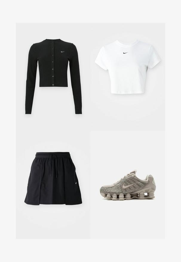 Čierny rebrovaný kardigán s dlhým rukávom, krátkym strihom, prednými gombíkmi a malým bielym logom Nike na ľavej strane.; Biely skrátený tričko vyrobené z bavlny, s krátkymi rukávmi a okrúhlym výstrihom, s čiernym logom Nike na hrudi.; Čierna športová sukňa s elastickým pásom a nastaviteľnou šnúrkou. Obsahuje bočné rozparky, ľahkú látku a malú nášivku na leme.; Svetlobéžová teniska Nike Shox s viditeľnou stĺpovitou tlmiacou podrážkou a vrchnými sieťovinovými detailmi.