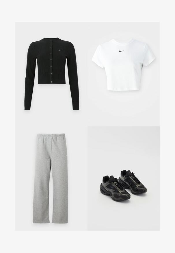 Sort ribbet cardigan med lange ærmer, cropped design, knapper foran og et lille hvidt Nike-logo på venstre side.; Hvid kortærmet t-shirt lavet af bomuld, med korte ærmer og rund halsudskæring, og med et sort Nike-logo på brystet.; Lysegrå joggingbukser med elastisk talje og lille hvidt Nike-logo på øverste lår, vist fladt mod en hvid baggrund.; Sorte sportssko lavet af syntetisk materiale med mesh-detaljer og afrundede såler. Har snørresystem og fremtrædende Nike-logo på tungen.