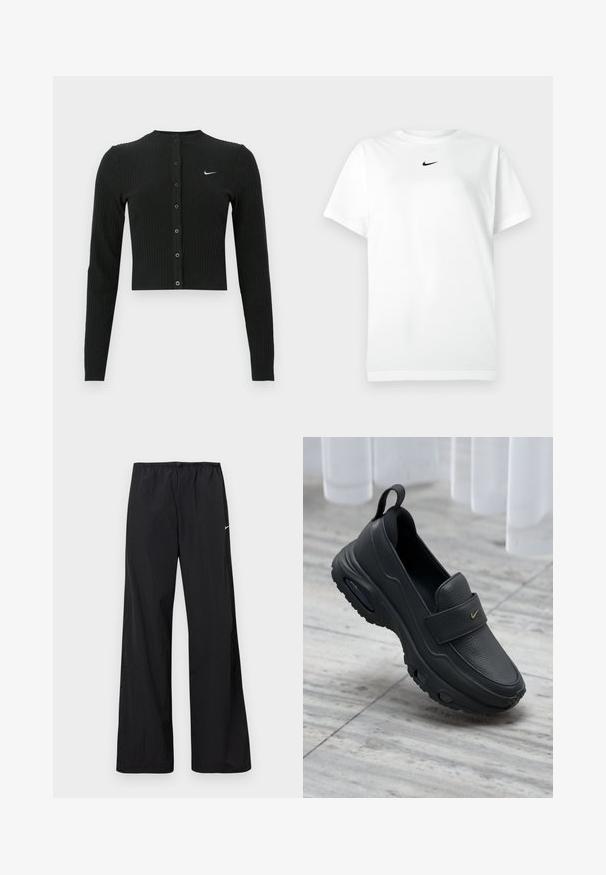 Sort ribbet cardigan med lange ærmer, cropped design, knapper foran og et lille hvidt Nike-logo på venstre side.; Hvid kortærmet T-shirt med rund hals, prydet med et lille sort Nike swoosh-logo centreret under halsudskæringen.; Sorte løstsiddende sportbukser med elastisk taljebånd og lille hvid Nike-swoosh på venstre lår, vist på en hvid baggrund.; Sort læder slip-on sko med flad sål, tekstureret finish, polstret overdel og guldfarvet logo-accent. Designet for komfort og nem påtagning.