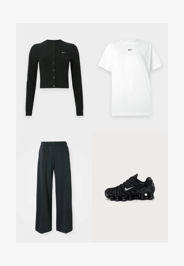 Sort ribbet cardigan med lange ærmer, cropped design, knapper foran og et lille hvidt Nike-logo på venstre side.; Hvid kortærmet T-shirt med rund hals, prydet med et lille sort Nike swoosh-logo centreret under halsudskæringen.; Sorte, brede atletiske bukser med elastisk talje. Lavet af glat, strækbart stof, med diskrete frontsyninger og ingen lommer.; Sort Nike sportssko med sølv Swoosh-logo, mesh og syntetisk overdel, og en karakteristisk segmenteret polstret sål.