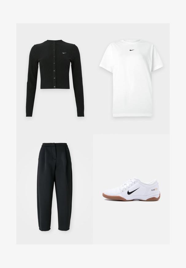 Schwarzer, gerippter Langarm-Cardigan mit kurzem Schnitt, Knöpfen vorne und kleinem weißem Nike-Logo auf der linken Seite.; Weißes T-Shirt mit kurzen Ärmeln und Rundhalsausschnitt, mit kleinem schwarzen Nike-Swoosh-Logo, das zentriert unter dem Halsausschnitt platziert ist.; Schwarze Hose aus glattem Stoff, mit einem taillierten Bund, gefaltetem Vorderteil und schmal zulaufendem Bein mit umschlagenen Säumen.; Weißer Nike Total 90 III Hallenfußballschuh mit schwarzem Swoosh-Logo und gumfarbener Sohle, von der Seite auf einfachem Hintergrund gezeigt.