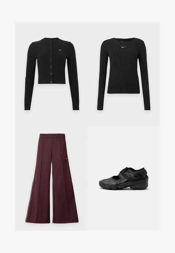 Sort ribbet cardigan med lange ærmer, cropped design, knapper foran og et lille hvidt Nike-logo på venstre side.; Sort, langærmet tætsiddende top lavet af ribbet stof, med rund halsudskæring og et diskret hvidt Nike-logo på brystet.; Bordeaux bredde-bukser i et glat stof med elastisk talje og hvide striber på siden. Har et lille Nike-logo på venstre lår.; Sort atletisk sandal med lukket tå, velcro stropper ved mellemfoden og hælen samt tyk polstret sål markeret med "AIR" på siden.