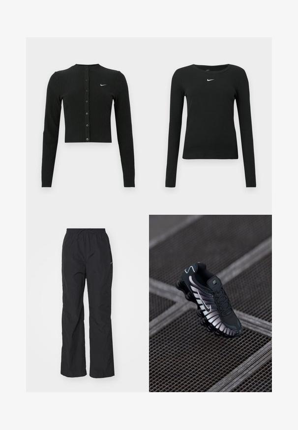 Čierny rebrovaný kardigán s dlhým rukávom, krátkym strihom, prednými gombíkmi a malým bielym logom Nike na ľavej strane.; Čierne priliehavé tričko s dlhým rukávom z rebrovanej látky, s okrúhlym výstrihom a jemným bielym logom Nike na hrudi.; Čierne, ľahké nohavice s elastickým pásom a šnúrkou. Majú textúrovaný povrch a malú reflexnú nášivku na boku.; Čierna atletická obuv s textúrovaným sieťovaným vrchným materiálom, striebornými akcentmi, podporou klenby a polstrovanou podrážkou s výrazným segmentovaným dizajnom.