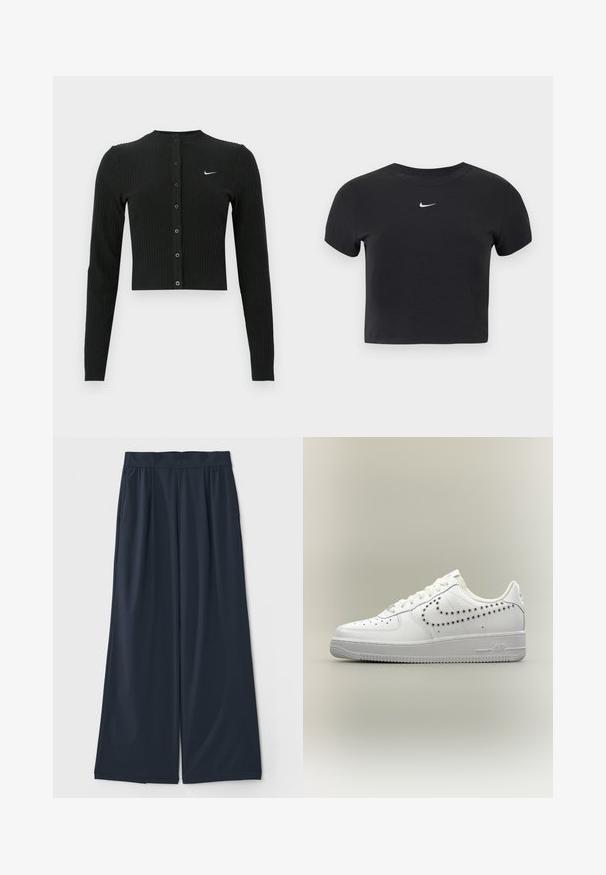 Cárdigan negro de manga larga con tejido acanalado, diseño corto, botones delanteros y un pequeño logo blanco de Nike en el lado izquierdo.; Camiseta negra recortada de algodón, con cuello redondo y mangas cortas. Destaca el logo blanco de Nike en el pecho.; Pantalones de pierna ancha en un azul marino oscuro, elaborados en una tela suave; cuentan con una cinturilla elástica y dos bolsillos laterales para mayor comodidad.; Zapatilla baja blanca con diseño perforado del logo Nike en el lateral, cordones blancos y suela texturizada sobre un fondo neutro.
