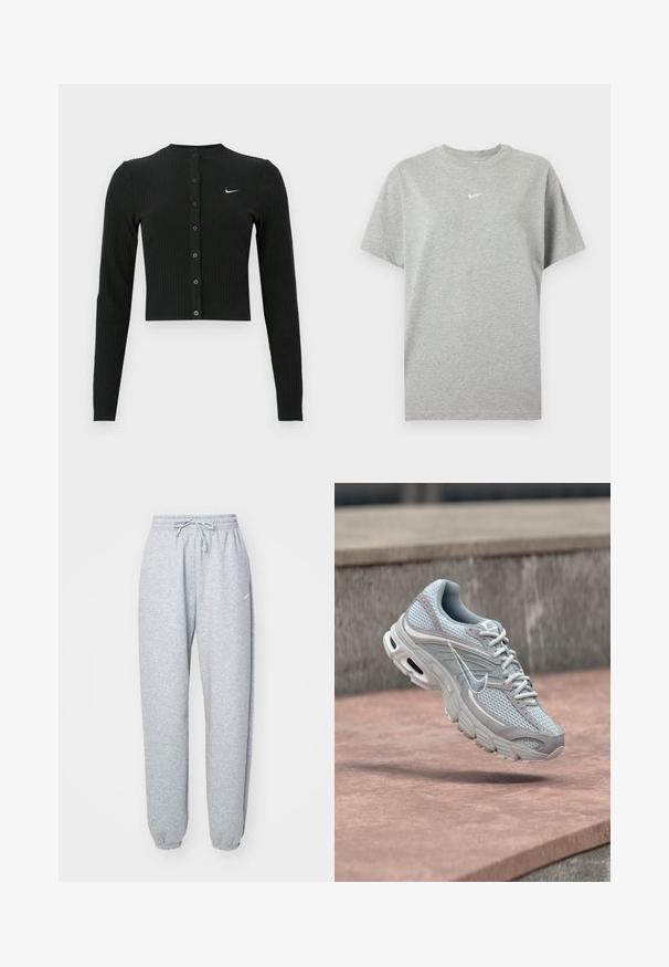Must rippitud musta värvi pikad varrukad kardigan lühendatud lõikega, esiküljel nööbid ja vasakul pool väike valge Nike logo.; Hall lühikeste varrukatega puuvillane T-särk ümara kaelusega ja väikese valge Nike swoosh logo rinnal keskel.; Heledad hallhalli pehmete puuvillasegistusega, millel on elastne vöökoht ja nöör, kitsenevad sääred ja ribakudumisega mansetid. Minim blown kaubamärgi detail.; helehall ja valge Nike jooksujalanõu võrgumaterjalist ja pehmendusega põhjaga, kujutatud õhus betoonastmete taustal.