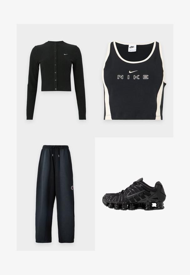 Sort ribbet cardigan med lange ærmer, cropped design, knapper foran og et lille hvidt Nike-logo på venstre side.; Sort ærmeløs crop top med hvidt kantbånd og sidepaneler, med hvid Nike-tekst og swoosh-logo centreret foran.; Sorte sweatpants med elastisk talje og snor. Har sidelommer og et logo i rød og hvid på venstre ben. Blødt stof.; Sort atletisk sko med mesh-overdel og glatte overlays. Har buet spiralbøsningsdæmpning og strukturerede linjer på siden. Nike-logoet er synligt.