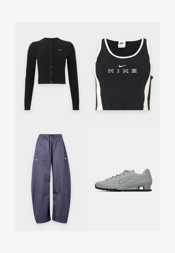 Cárdigan negro de manga larga con tejido acanalado, diseño corto, botones delanteros y un pequeño logo blanco de Nike en el lado izquierdo.; Top corto negro sin mangas con ribete blanco y paneles laterales, con texto "Nike" en blanco y logo swoosh centrado en el frente.; Pantalones deportivos Nike de color gris oscuro, de corte holgado, con cintura elástica, bolsillos laterales y un pequeño logo rosa en el muslo derecho.; Vista lateral de una zapatilla Nike de color gris claro con cordones, un logotipo de swoosh y una suela de amortiguación transparente sobre un fondo liso.