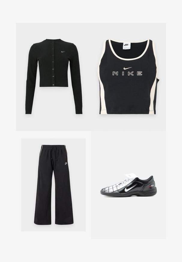 Sort ribbet cardigan med lange ærmer, cropped design, knapper foran og et lille hvidt Nike-logo på venstre side.; Sort ærmeløs crop top med hvidt kantbånd og sidepaneler, med hvid Nike-tekst og swoosh-logo centreret foran.; Sorte sweatpants lavet af blødt stof, med en elastisk talje og snøre, sidestriber og et lille logo på venstre front.; Sort-hvid Nike Total 90 III lavskåret fodboldstøvle med snørebånd og et rødt logo på hælen, vist fra ydersiden.