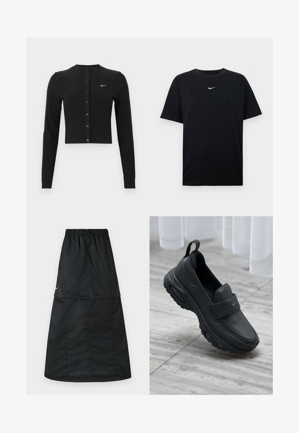 Zwarte geribbelde cardigan met lange mouwen, een cropped ontwerp, knopen aan de voorkant en een klein wit Nike-logo aan de linkerkant.; Zwart katoenen T-shirt met een ronde hals en korte mouwen. Voorzien van een klein wit Nike-logo in het midden van de borst. Gladde textuur.; Zwarte sportieve rok van lichtgewicht, glad nylonstof. Voorzien van een elastische tailleband en een eenvoudig, lang A-lijnmodel.; Zwarte lederen instapschoen met een platte zool, een gestructureerde afwerking, een gevoerde bovenzijde en een gouden logo-accent. Ontworpen voor comfort en gemakkelijke draagbaarheid.