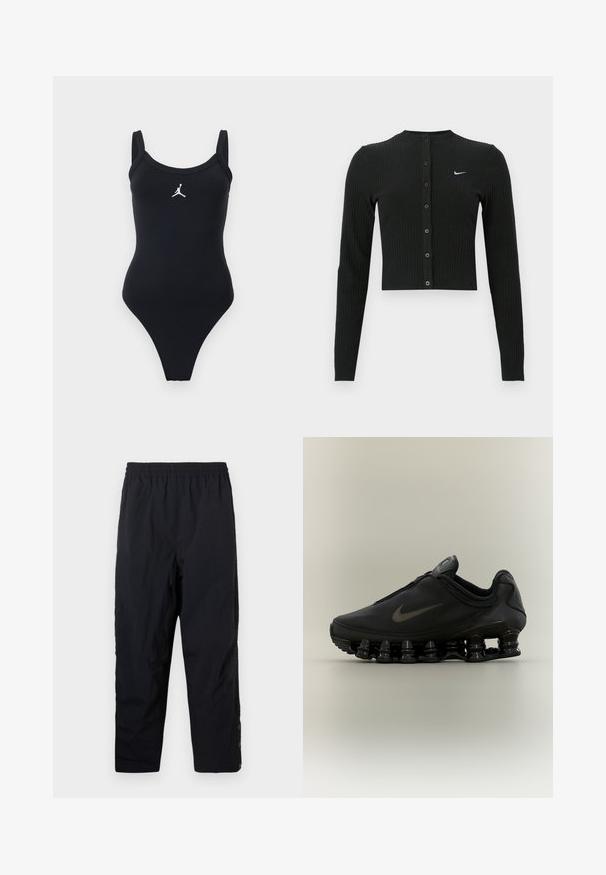 Cardigan noir côtelé à manches longues avec une coupe courte, des boutons sur le devant et un petit logo Nike blanc sur le côté gauche.; Maillot de bain une pièce noir avec de larges bretelles et un logo Jumpman blanc centré sur la poitrine sur un fond uni.; Pantalons noirs à taille élastique décontractés avec des jambes droites et des boutons-pression aux chevilles sur fond blanc uni.; Baskets Nike noires avec tige zippée et semelle segmentée distinctive en forme de ressort, présentées de profil sur un fond neutre.