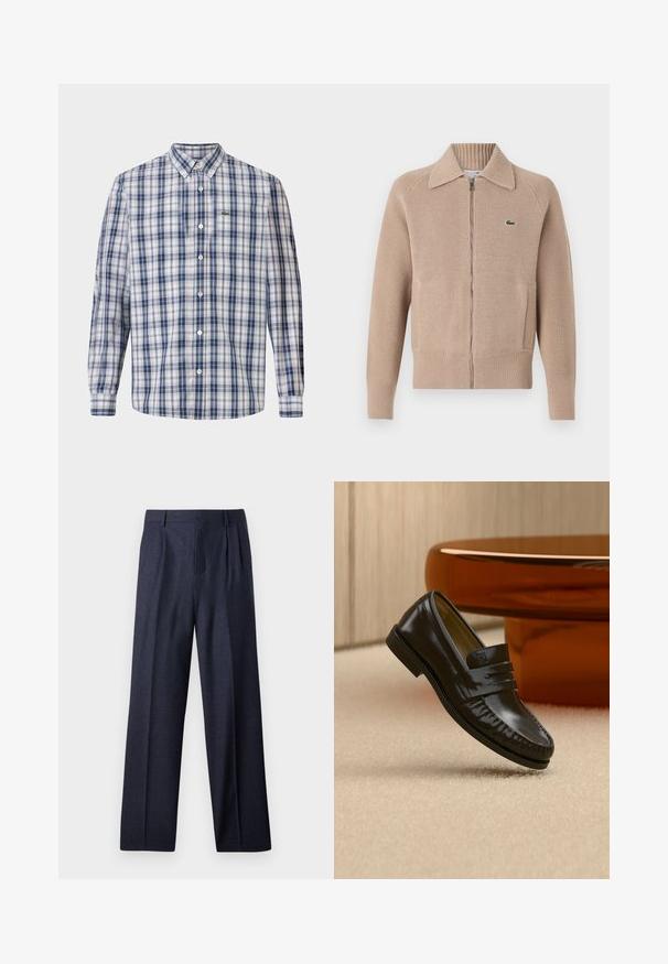Lacoste Vest - viennese; Geruite overhemde in blauw en wit, met een klassieke kraag, lange mouwen en een klein geborduurd logo op de borst.; Navy wollen broek met een getailleerde fit, voorzien van een geplooide voorkant en wijde pijpen. Glad textuur en strakke lijnen, geschikt voor formele gelegenheden.; Glanzende zwarte leren loafer met een banddetail, geplaatst op een beige tapijt naast een ronde bruine salontafel in een zacht verlichte kamer.