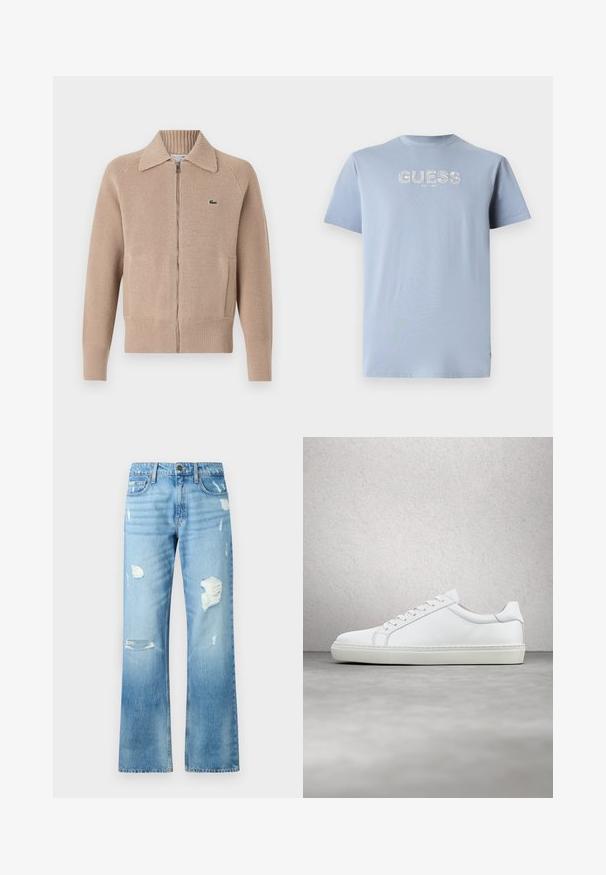 Lacoste Chaqueta de punto - viennese; Camiseta de algodón azul claro de manga corta, con cuello redondo, que presenta un estampado en blanco del logo "GUESS EST. 1981" en la parte delantera. Textura suave.; Vaqueros de mezclilla azul claro con un diseño de pierna recta, que presentan detalles desgastados y un acabado desvaído. Incluyen un botón de metal y cinco bolsillos.; Zapatilla blanca con parte superior de cuero liso y perfil bajo. Presenta una puntera redondeada, seis ojales y una suela de goma texturizada.