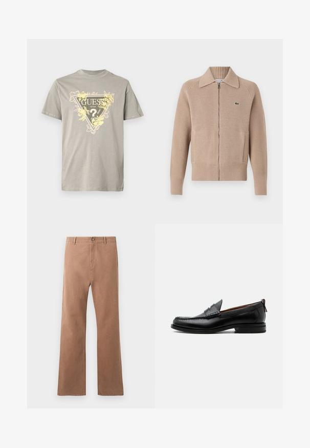 Lacoste Gilet - viennese; T-shirt en coton gris avec un motif triangulaire "GUESS" et des accents floraux jaunes. Col rond, manches courtes, coupe standard.; Pantalons droits marron en coton. Dotés d'une fermeture à bouton, de poches à l'avant et de coutures visibles le long des coutures.; Mocassin homme en cuir noir avec couture moc toe, bride penny, col texturé et petit talon empilé sur fond blanc.