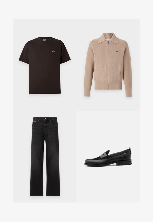 Lacoste Chaqueta de punto - viennese; Camiseta de algodón de manga corta en color marrón. Presenta un discreto logo de cocodrilo bordado en verde en el lado izquierdo del pecho. Diseño clásico de cuello redondo.; Jeans negros de pierna recta con diseño de cinco bolsillos, presillas para cinturón y cierre de botón, mostrados sobre un fondo blanco.; Mocasín de cuero negro con detalle de tira gris, tacón bajo y suela texturizada, con la marca "HUGO" en oro en el lateral.