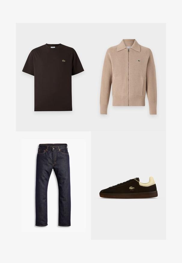 Lacoste Chaqueta de punto - viennese; Camiseta de algodón de manga corta en color marrón. Presenta un discreto logo de cocodrilo bordado en verde en el lado izquierdo del pecho. Diseño clásico de cuello redondo.; Jeans de mezclilla rectos de color azul oscuro con cinco bolsillos y costuras en contraste naranjas, presentados planos sobre un fondo blanco.; Zapatilla negra de corte bajo con cuello acolchado en crema, suela marrón oscuro, cordones negros y un pequeño logo de cocodrilo verde claro en el lateral.