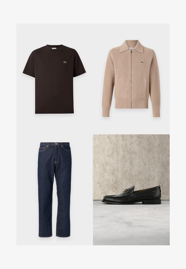 Lacoste Vest - viennese; Bruine T-shirt met korte mouwen van katoen. Heeft een subtiele groene geborduurde krokodillogo op de linkerborst. Klassiek ontwerp met ronde hals.; Donkerblauwe denim jeans met een rechte pijpdesign. Beschikt over een knoop- en ritssluiting, vijf zakken en contrasterende stikdetails.; Zwarte leren loafer met gouden metalen gesp en "HUGO" branding, weergegeven tegen een beige tapijt en bruin doorschijnend meubilair.