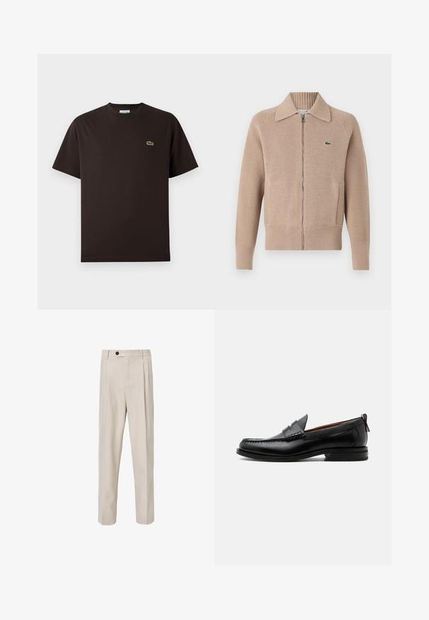 Lacoste Chaqueta de punto - viennese; Camiseta de algodón de manga corta en color marrón. Presenta un discreto logo de cocodrilo bordado en verde en el lado izquierdo del pecho. Diseño clásico de cuello redondo.; Pantalones beige tailorizados con un diseño de pierna recta, que presentan pliegues en la parte frontal, un cierre de botón y una textura de tela lisa.; Mocasín de hombre de piel negra con costura moc toe, tira penny, cuello texturizado y tacón bajo apilado sobre fondo blanco.