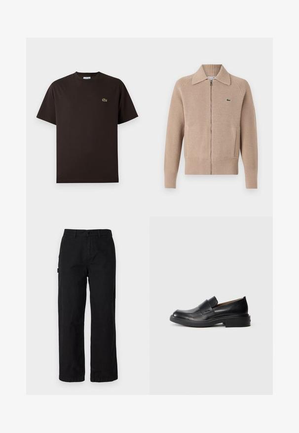 Lacoste Gilet - viennese; T-shirt marron à manches courtes en coton. Présente un logo crocodile brodé subtil en vert sur la poitrine gauche. Design classique à col rond.; Pantalons cargo en coton noir avec une coupe droite, dotés de poches latérales et d'une fermeture par bouton à l'avant. Tissu durable avec une texture lisse.; Chaussure habillée noire en cuir, à enfiler, avec un petit talon et un logo Calvin Klein discret sur le côté, présentée de profil sur un fond blanc.