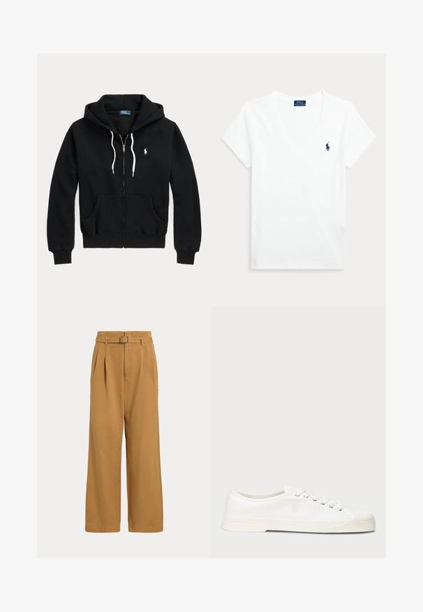 Sweat à capuche noir zippé avec cordons blancs, poches avant, poignets côtelés et petit logo blanc Polo Ralph Lauren sur la poitrine gauche.; T-shirt blanc à manches courtes avec col en V et petit logo Polo Ralph Lauren bleu marine sur la poitrine gauche.; Pantalon taille haute à jambes larges couleur beige avec plis devant et ceinture assortie à boucle métallique sur fond uni.; Sneaker en toile blanche avec un bout rond, fermeture lacée et un détail de logo discret. Caractéristiques d'un tissu texturé et d'une semelle en caoutchouc.