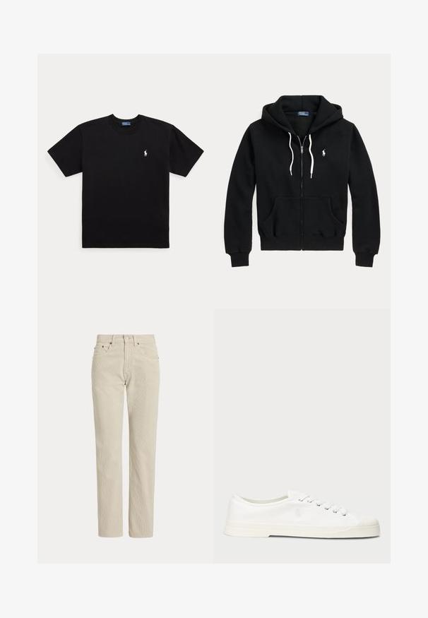 Sort hættetrøje med lynlås, hvide snore, forlommer, ribstrikkede manchetter og et lille hvidt Polo Ralph Lauren-logo på venstre bryst.; Sort T-shirt med korte ærmer og rund halsudskæring med lille hvidt broderet Polo Ralph Lauren-logo på venstre bryst.; Beige, lige-benede fløjlsbukser med bæltestropper, frontknap, lynlås og frontlommer.; Hvide lærredssneakers med rund tå, snørelukning og diskret logo-detalje. Har en tekstureret overflade og gummisål.