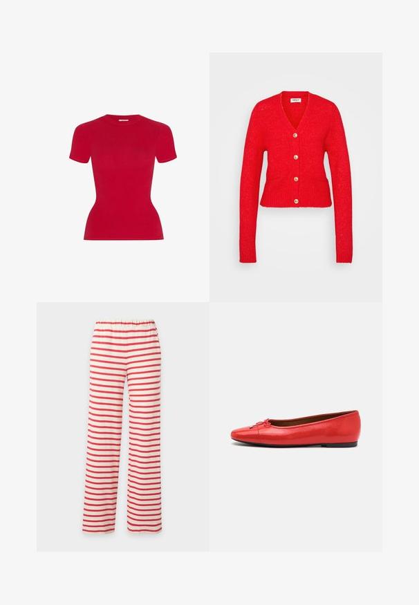 Cárdigan rojo hecho de tejido de punto texturizado, con un escote en V profundo, mangas largas, cinco botones dorados y dos bolsillos delanteros.; Camiseta roja de manga corta con diseño ajustado. Fabricada con material suave, cuenta con cuello redondo y bordes sin costuras.; Pantalones blancos con rayas rojas horizontales y una cintura elástica, con corte recto en la pierna.; Bailarinas rojas de cuero con punta redondeada, detalle de lazo decorativo y acabado suave; cuentan con un tacón bajo y plano para un uso cómodo.