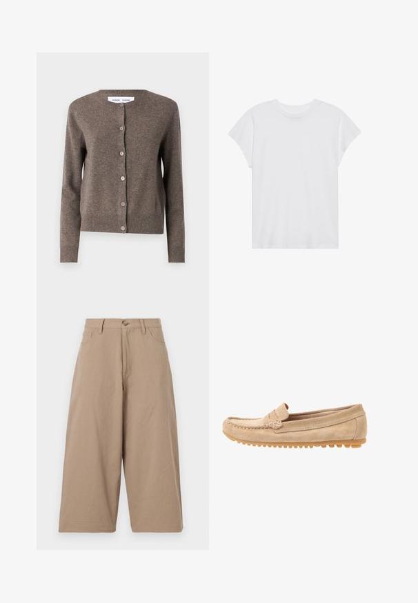 Samsøe Samsøe Chaqueta de punto - grey blue mel.; Camiseta blanca de manga corta con cuello redondo, corte relajado, hecha de suave tela de algodón. Textura lisa, sin estampados ni logotipos.; Pantalones de pierna ancha color caqui, hechos de algodón, con una cintura alta, bolsillos frontales y cierre de un solo botón. Textura suave y corte recto.; Mocasines de ante beige con punta redondeada, con detalles de costura y suela de goma que presenta pequeños salientes para tracción. Vista lateral.