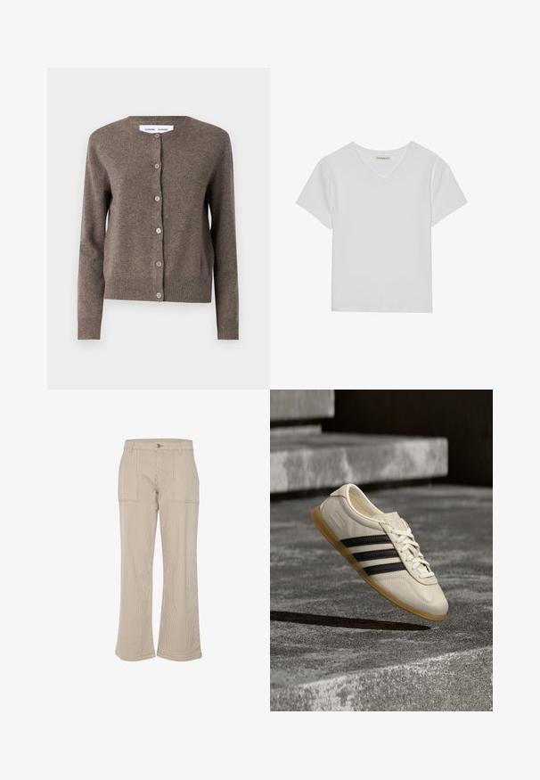 Samsøe Samsøe Vest - grey blue mel.; Witte T-shirt met korte mouwen en V-hals, gemaakt van ribbelstof. Heeft een strakke ontwerp met een rechte zoom en minimale details.; Beige corduroy wijde broek met verticale strepen, voorzien van twee voorkanten zakken en een enkele knoopsluiting. Zachtheid van de stof en een ontspannen pasvorm.; Witte sneaker met zwarte strepen en rubberen zool zwevend boven betonnen trap in zacht daglicht.