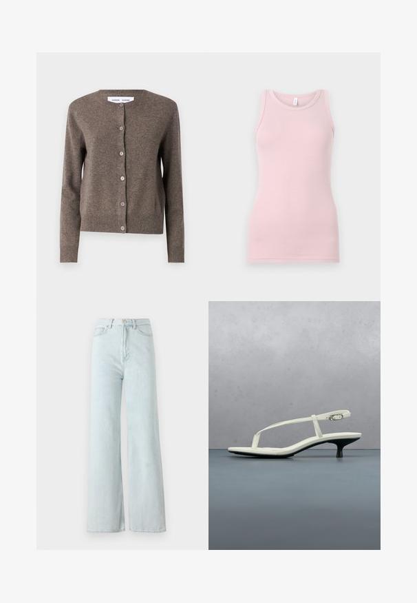 Samsøe Samsøe Cardigan - grey blue mel.; Lyserød tanktop lavet af blød og strækbar stof. Har en rund halsudskærm og smalle skulderstropper, med en glat tekstur og tætsiddende pasform.; Lysblå vid bukser med høj talje, lavet af denimstof. Har en lukning med knap og lynlås samt forlommer.; Hvid sandal med stropper og kitten-hæl med spids tå, svævende over et trægulv udendørs med en sløret plante og væg i baggrunden.