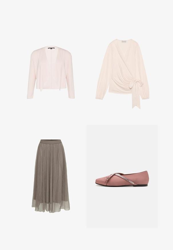 Cardigan rose clair avec des manches longues, ouverture sur le devant, texture tricotée douce et design drapé. Ne comporte ni fermetures ni ornements.; Enveloppez le haut dans un tissu doux et léger de couleur rose pâle. Il présente des manches longues, un lien à la taille et un drapé délicat à l'avant.; Jupe maxi plissée en taupe, dotée d'une taille lisse et d'une silhouette fluide. Fabriquée en matériau léger et transparent avec une texture fine.; Ballerines en satin rose doux avec un design à brides croisées ornées d'accents en argent carrés et un bout arrondi. Semelle noire basse.