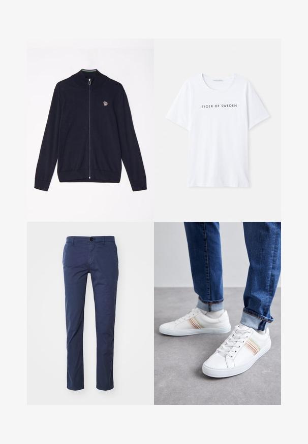 Marineblå zip-sweater med høj krave, lange ærmer, ribbede manchetter og et lille broderet design på brystet. Glat strikket tekstur.; Hvid t-shirt med rund halsudskæring og korte ærmer. Sort tekst står der "TIGER OF SWEDEN" centreret på fronten. Glat stofstruktur.; Mørkeblå bomulds chinos med lige bendesign, der har en enkelt knaplukning foran og sidelommer. Glat tekstur, klassisk pasform.; Hvide lædersneakers med multicolore striber, snørebåndsdesign, gummisål og polstret krave, parret med blå denimjeans.