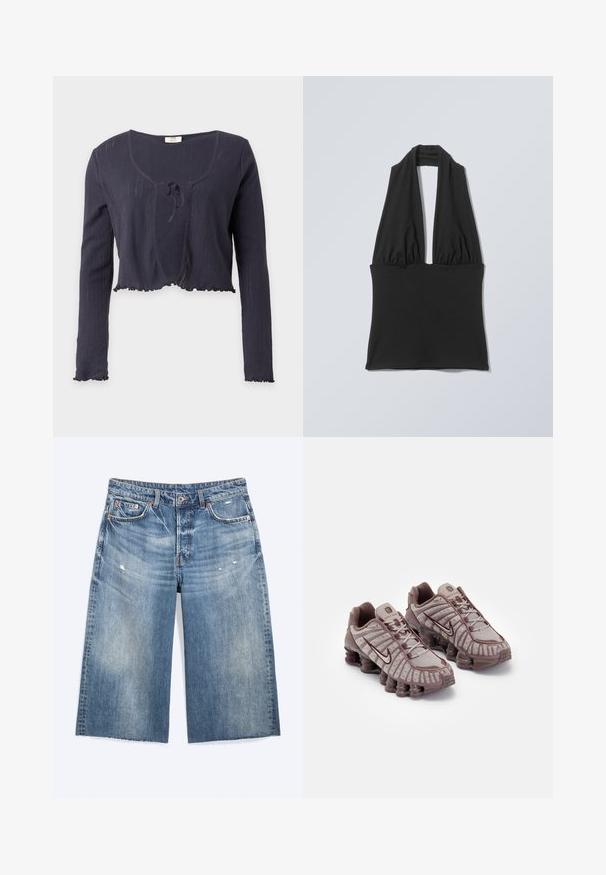 Marineblå ribstrikket kort cardigan med lange ærmer, rund udskæring, bindelukning foran og flæsekant på ærmer og kant.; Sort ærmeløs haltertop med samlet stof ved brystet og en bred bånd ved taljen, vist på en flad lys grå baggrund.; Blå denim knælange shorts med let slid, forlommer, bæltestropper og knaplukning.; Nike Sportswear SHOX TL - Sneakers - pumice/night maroon/plum eclipse
