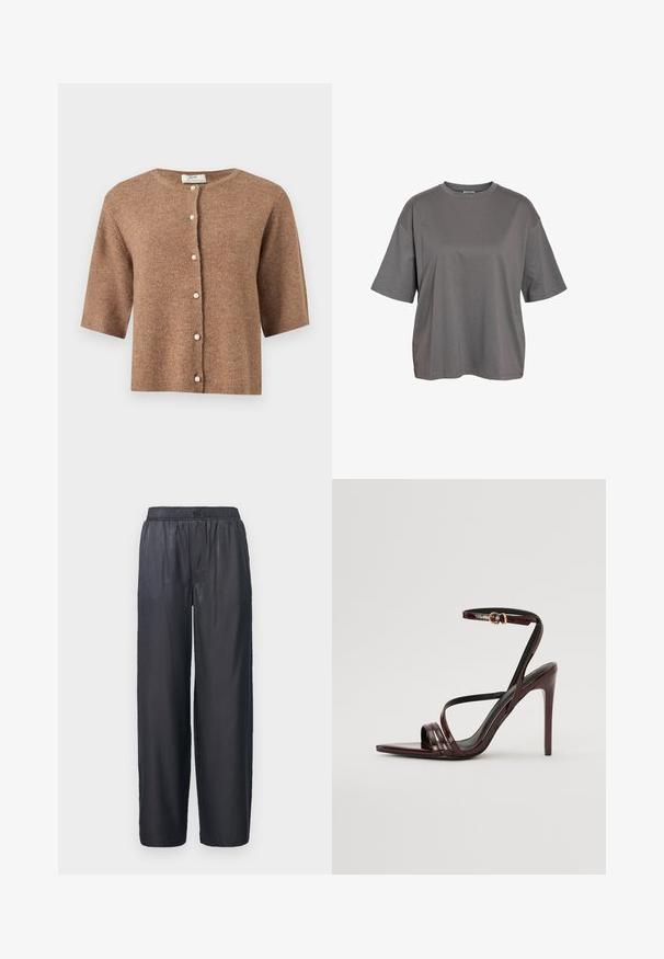 Cardigan marron à manches courtes en maille, avec un col rond et six boutons semblables à des perles sur le devant.; T-shirt gris uni à manches courtes avec col rond, coupe décontractée et sans logos ni motifs visibles.; Pantalons larges noirs fabriqués à partir d'un tissu lisse et brillant. Équipés d'une taille élastique et sans poches visibles. Design simple, longueur complète.; Sandale à talons hauts en cuir verni bourgogne avec une bride de cheville, bout pointu et trois bandes horizontales sur le pied. Détail de boucle dorée.