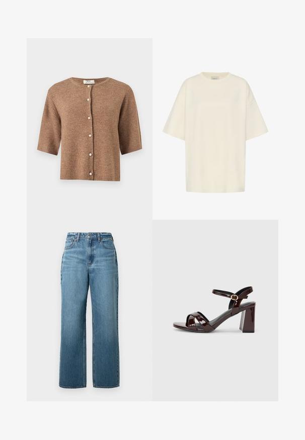 Bruine kortikmouwaerige gebreide cardigan met ronde hals en zes parelachtige knopen aan de voorkant.; Crèmekleurig oversized T-shirt met korte mouwen, ronde hals en subtiel logo detail aan de voorkant.; Lichtblauwe rechte jeans van denim, met een standaard tailleband, vijf zakken en subtiele vervaging. Geen opvallende patronen of accenten.; Patent bordeaux hooggehakte sandaal met open teen, voorzien van kruisbandjes en een enkelbandje met een ronde gouden gesp. Ontwerp met blokhak.