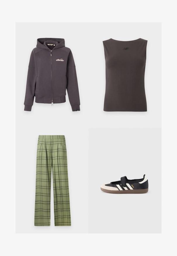 Dunkelgrauer Kapuzenpullover mit Reißverschluss, Fronttaschen und kleinem weißen "ellesse"-Logo auf der linken Brust.; Ärmelloses dunkelgraues Sport-Tanktop mit Rundhalsausschnitt und kleinem reflektierendem New Balance-Logo in der Brustmitte.; Grüne weit geschnittene Hose mit schwarzem Karomuster und hohem Bund, vorderen Falten und Seitentaschen.; Schwarzer und beiger Sneaker mit Klettverschluss, drei weißen Streifen an der Seite und einer strukturierten braunen Gummisohle. Markenlogo sichtbar.