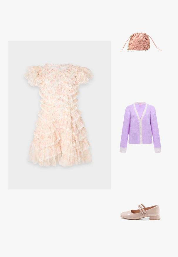 Cardigan tricoté violet clair avec bordure blanche, boutons en forme de cœur et discrètes taches multicolores sur les poignets et les bords avant.; Robe à motif floral dans des tons de rose pastel et de crème, dotée de volants superposés et de détails en dentelle. Manches courtes bouffantes et décolleté rond.; Chaussure Mary Jane rose en cuir verni avec un bout légèrement carré, deux fines brides et un petit talon bloc. Texture lisse, design minimaliste.; Sac à cordon rose avec appliques florales texturées et accents en chaîne dorée sur fond blanc.