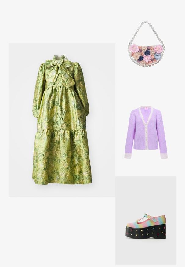 Lyse lilla strikket cardigan med hvid kant, hjerteformede knapper og subtile flerfarvede prikker på ærmekanter og forkanter.; Grøn langærmet kjole med høj krave, lagdelt design og en tekstureret blomstermønster. Indeholder en stor sløjfe ved halsudskæringen.; Glitrende regnbue-platformsko med T-stropp, prydet med en stjernesformet spænde og multicolor stjernestuds på en sort bund.; myMo at night Håndtasker - multicolor pink