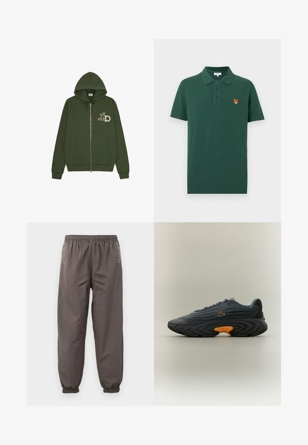 Olivgrüner Zip-Hoodie mit Kordelzug, vorderen Taschen, gerippten Bündchen und einem goldenen "LD"-Logo auf der linken Brust. Baumwollmischgewebe.; Dunkelgrünes kurzärmeliges Poloshirt mit drei Knöpfen und einem kleinen, auf der linken Brust aufgenähten Fuchskopf.; Dunkelgraue, elastische Hosen mit lockerer Passform. Mit gerafften Bündchen und dezentem Stickerei an den Seiten. Leichter Stoff.; Lacoste Sneakers in Dunkelgrau mit strukturiertem Obermaterial, hervorgehobener gebogener schwarzer Sohle und leuchtend orangefarbenem Akzent an der Ferse. Schnürdesign mit Logo.
