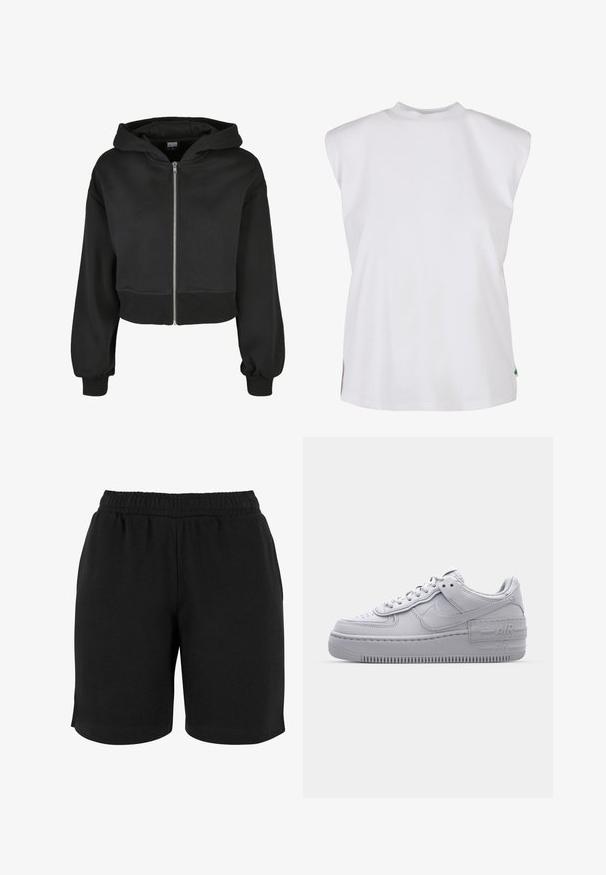 Sudadera corta negra con mangas largas, cremallera frontal y capucha con cordón. Fabricada con un material suave y con puños y dobladillo acanalados.; Top sin mangas blanco con un cuello alto, hecho de una tela suave. Presenta aberturas laterales y un pequeño acento verde en el dobladillo inferior.; Pantalones cortos de algodón negros con una cinturilla elástica, que presentan una textura suave y un corte sencillo. No hay bolsillos ni adornos visibles.; Zapatilla Nike Air Force 1 gris con puntera perforada, parte superior de cuero suave, suela gruesa y detalle en relieve 'AIR' en el talón.