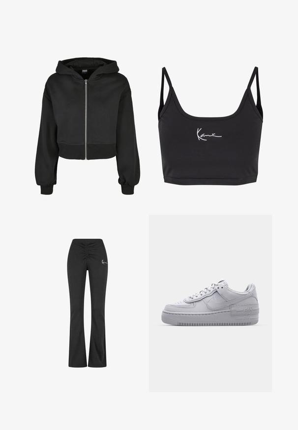 Sort cropped hoodie med lange ærmer, frontlynlås og hætte med snøre. Fremstillet af blødt materiale med ribbet manchetter og kant.; Sort cropped tank top lavet af glat stof. Har tynde stropper og et hvidt broderet logo på forsiden. Renset, minimalistisk design.; Sorte udringede bukser med en samlet talje, lavet af blødt, strækbart stof. Har et lille hvidt logo på venstre side.; Grå Nike Air Force 1 sneakers med perforeret tå, glat læderoverdel, tyk sål og præget 'AIR' detalje på hælen.