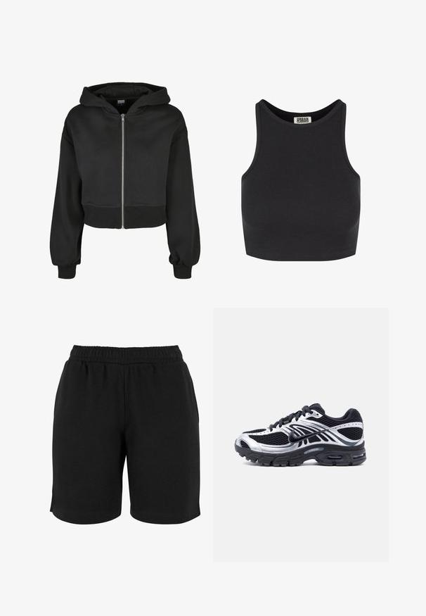 Sort cropped hoodie med lange ærmer, frontlynlås og hætte med snøre. Fremstillet af blødt materiale med ribbet manchetter og kant.; Sort ribbet crop top med ærmeløst design. Har en rund halsudskæring og en glat tekstur. Etiketten er synlig indeni halsudskæringen.; Sorte bomulds shorts med elastisk talje, der har en glat tekstur og en simpel pasform. Ingen lommer eller udsmykninger er synlige.; Sort og sølv Nike løbesko med mesh-overdel, luftpolstret sål og snørebånd, vist fra siden på en hvid baggrund.