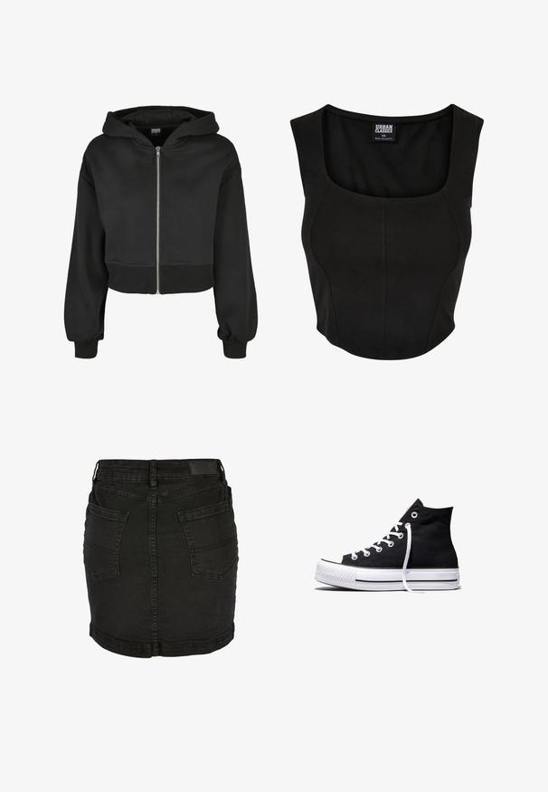 Sort cropped hoodie med lange ærmer, frontlynlås og hætte med snøre. Fremstillet af blødt materiale med ribbet manchetter og kant.; Sort cropped tank top med rund halsudskæring, lavet af glat, strækbart stof. Har et tætsiddende design og minimale sømme.; Sort denim mini nederdel med to baglommer, bæltestropper og syningsdetaljer.; Sort high-top canvas sneaker med hvid gummisål og hvide snørebånd, vist fra siden mod en hvid baggrund.